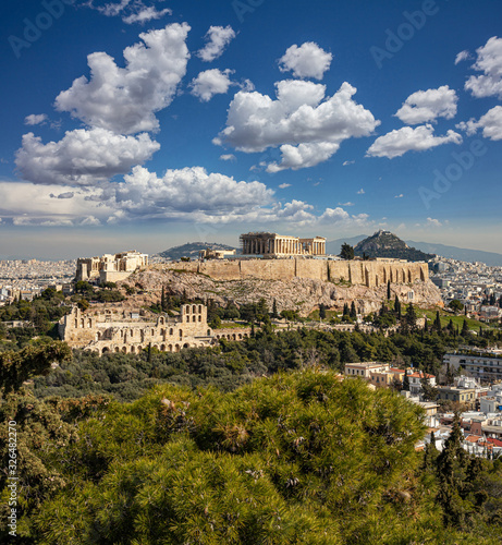 Athens, Greece. Acropolis and Parthenon temple from Philopappos Hill.