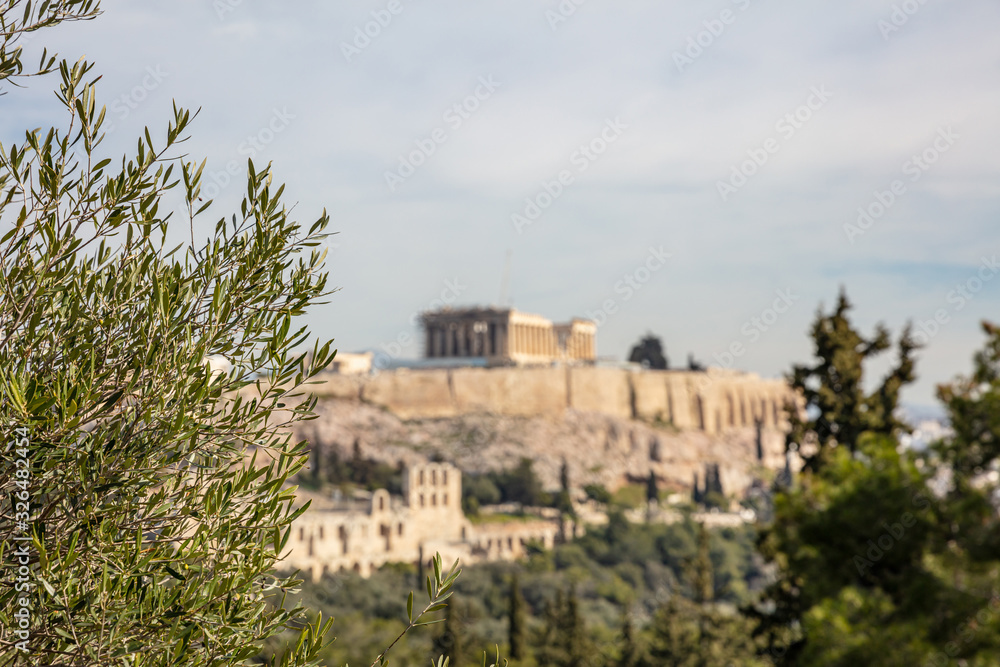 Athens, Greece. Acropolis and Parthenon temple defocused view, olive tree branch  from Filopappos Hill.