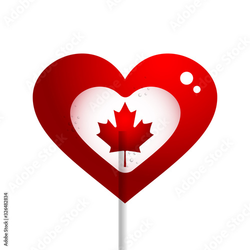 Heart shaped sweet lollipop and maple leaf, Canada symbol on a white background. Vector illustration