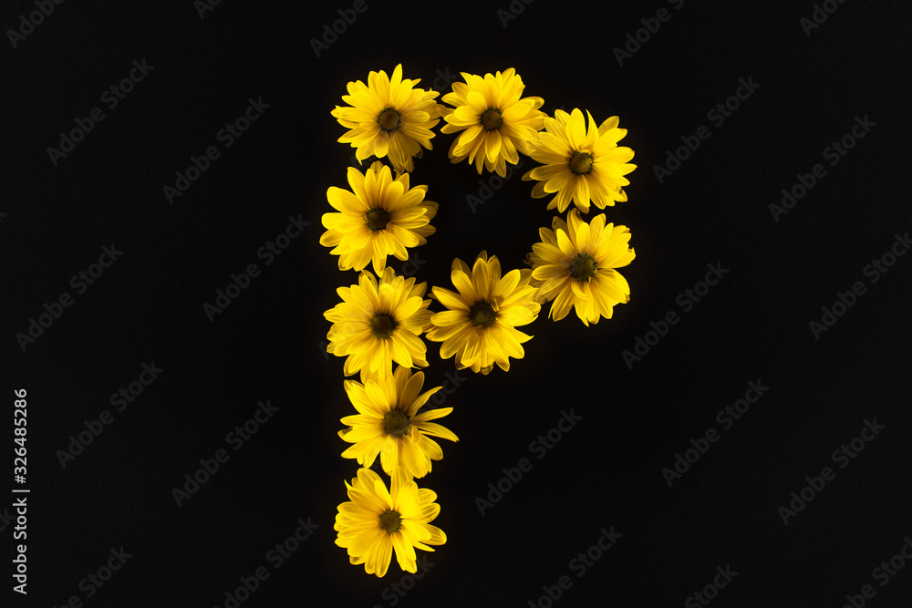 top view of yellow daisies arranged in letter P isolated on black