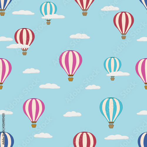 Hot air balloon seamless pattern vector background. An illustration with pink, blue and red colors. For children fabric, cloth, backdrop, wallpaper, wrapping paper. Printable eps 10 format.