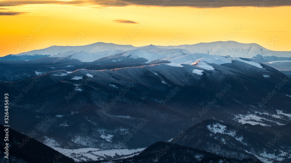 Easter Bieszczady and Borshava (Ukraine) seen from the Tarnica Mt in Poland. Carpathian Mountains.