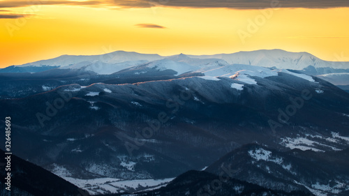 Easter Bieszczady and Borshava (Ukraine) seen from the Tarnica Mt in Poland. Carpathian Mountains.