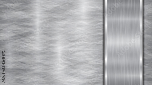 Background in silver and gray colors, consisting of a shiny metallic surface and one vertical polished plate located on right side, with a metal texture, glares and burnished edges
