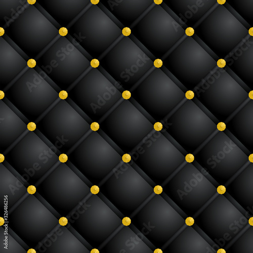 Seamless black leather texture with gold buttons. Furniture upholstery. Vector design.