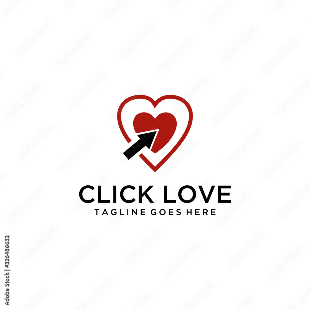Creative Technology heart with click arrow sign vector logo.