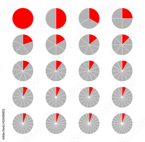 Fraction pie divided into slices. Fractions. Fraction Pies. Vector flat outline icon illustration isolated on white background
