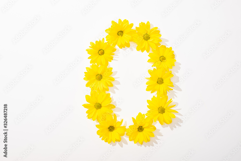 top view of yellow daisies arranged in letter O on white background top view of yellow daisies arranged in letter O on white background