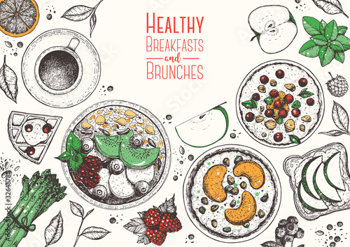 Breakfasts top view frame. Morning food menu design. Breakfast and brunches dishes collection. Vintage hand drawn sketch, vector illustration. Vintage style.