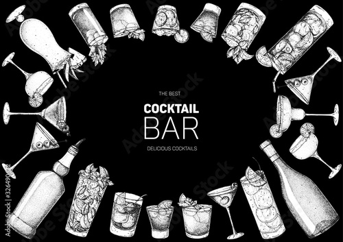 Alcoholic cocktails hand drawn vector illustration. Cocktails set. Bar menu design elements. Hand drawn sketch collection.