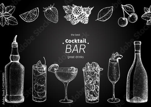 Alcoholic cocktails hand drawn vector illustration. Cocktails sketch set. Engraved style.Alcoholic drinks in glasses and bottle.