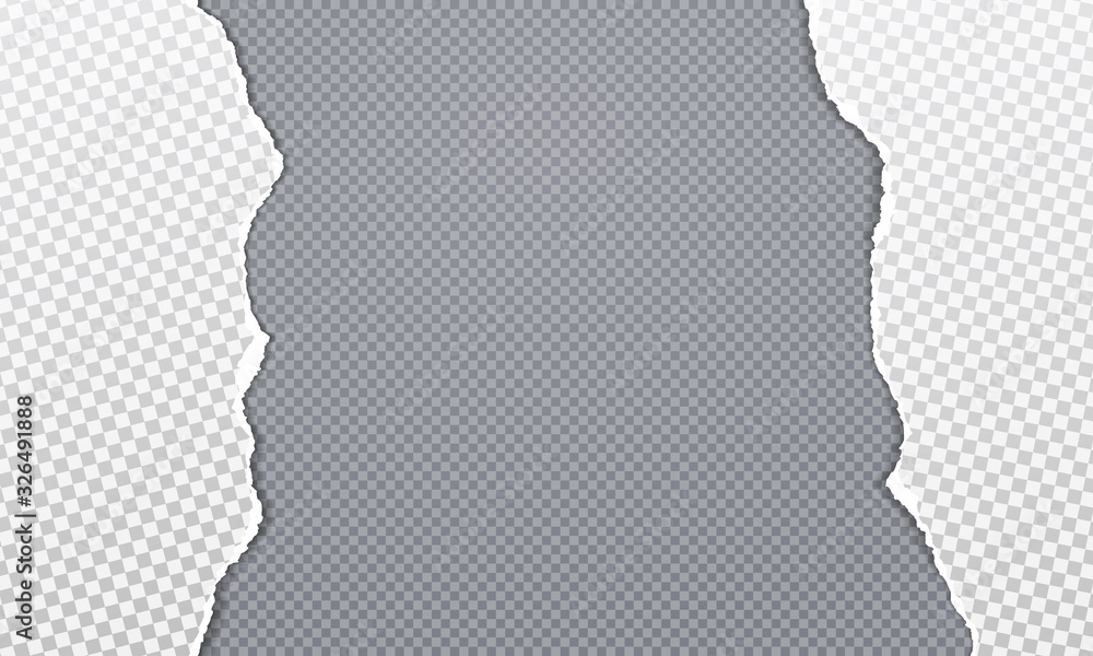 Torn, ripped pieces of vertical white paper with soft shadow are on dark grey squared background for text. Vector illustration