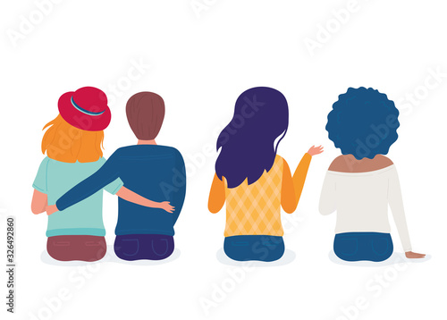 couple embraced and women together cartoon character back view