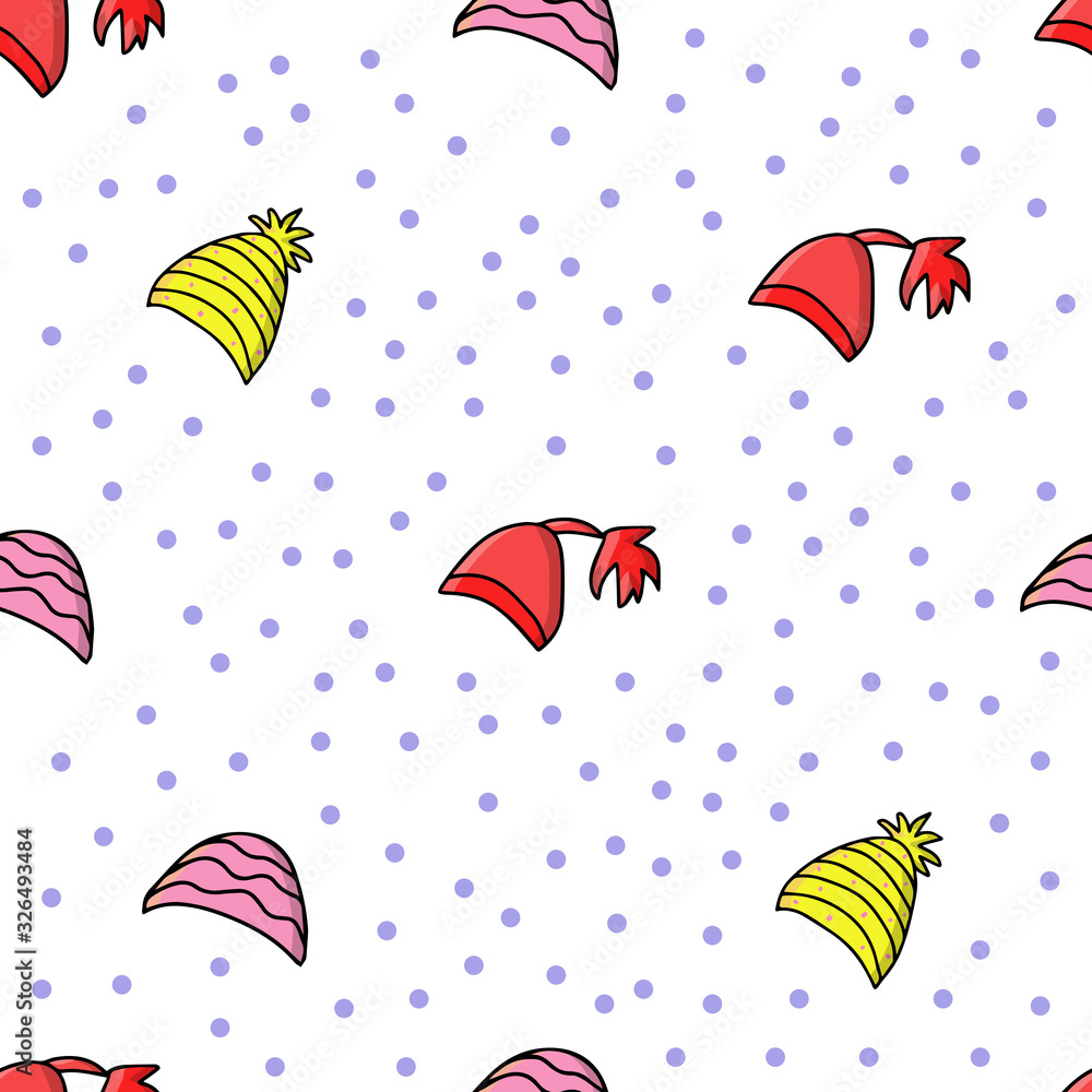 Vector background. Seamless pattern with winter hat. Warm winter hat in doodle style. Vector hand drawn illustration Vector background. Seamless pattern with winter hat. Warm winter hat in doodle style. Vector hand drawn illustration