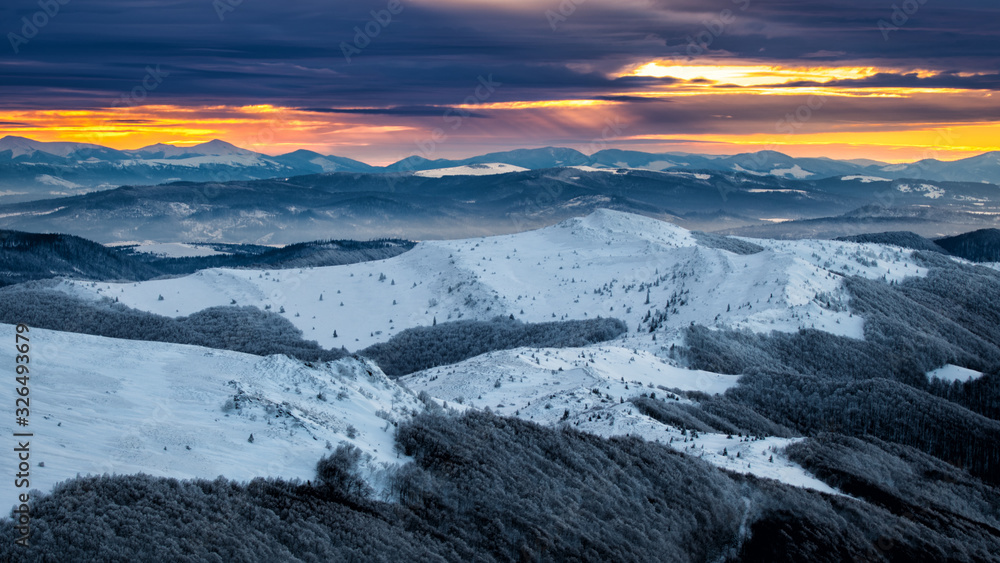 Inversion in the mountains. Gorgany seen from the Tarnica Mt in Poland. Carpathian Mountains. Inversion in the mountains. Gorgany seen from the Tarnica Mt in Poland. Carpathian Mountains.