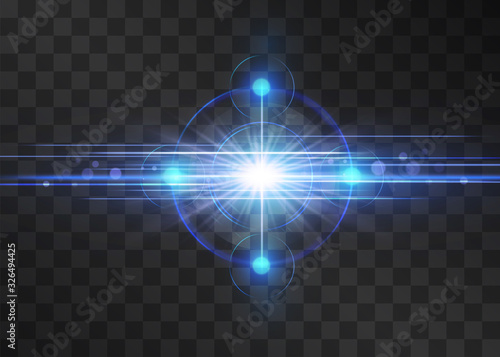 Shining blue reticle, laser streams, target screen, successful aim detection, symbol of business or military accuracy, technology interface, sport competition, correct decisions or info discover.