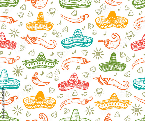 Colorful Mexican Seamless patterns. Mexico Vector background. Hand drawn doodle Mexican Sombrero, Sun, Pepper Chili, Nachos