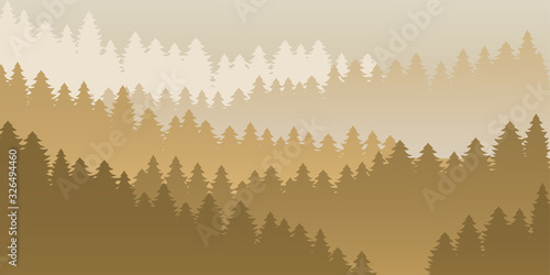 Mountain forest brown scenery vector background. Morning mist, panoramic outdoors view for tourism posters, hiking ads. Pine park, evergreen woods. Foggy morning, dim light calm mood illustration.