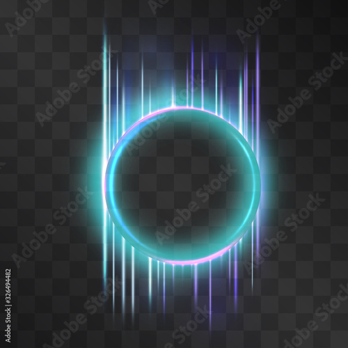 Light effect circle frame with blue neon laser, glowing peaky tail of shining streams and lines, mystic haloillumination. Foggy scary light rings flow in motion portal. Luxurious hypnotic element.