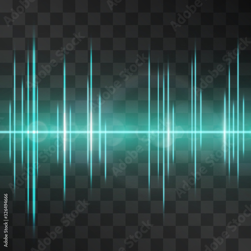 Teal oscillation laser light effect vector, sound equalizer digital visualization, glowing northern lights illustration on transparent background. Shining peaks of twinkling illumination. Music sines.