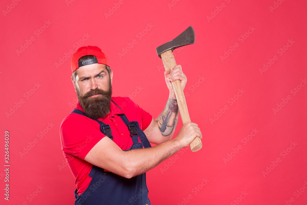 decisive action. Cutting or wood chopper with sharp blade. Bring more style for bearded face. man worker hold ax. cut his beard. lumberjack carrying ax. employee with axe. mature man ready for hiking - obrazy, fototapety, plakaty 