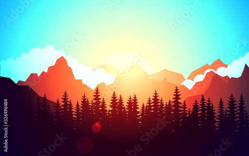 Landscape with mountains and sun. Sunset. Sunset. Morning. Evening. Clouds and forest. Mountainous terrain. Abstract background. Vector illustration. Bright illustration for a trip to high mountains.