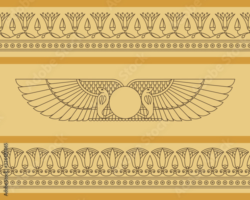 Obraz na plátně Vector seamless horizontal pattern of winged disk in egyptian style with lotus f