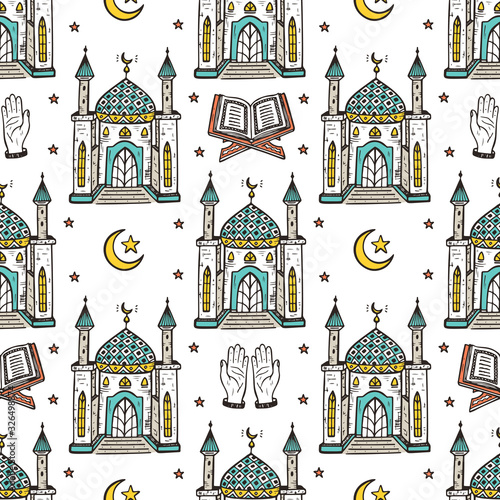 Islamic Symbol background. Arabic Seamless Pattern. Crescent Moon with Star, Mosque, Koran, Hands. Ramadan Kareem photo