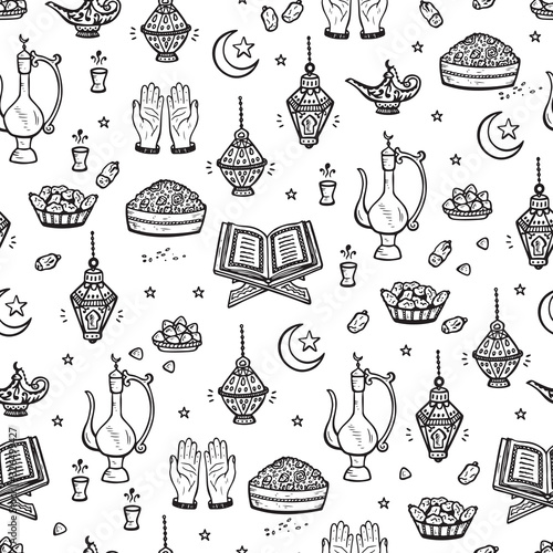 Islamic Symbols background. Arabic Seamless Pattern. Iftar party. Ramadan Kareem.
