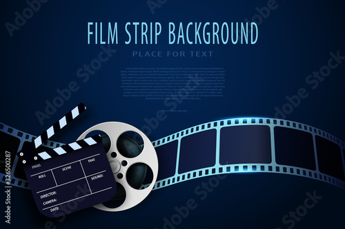 3D Film reel, clapper board and twisted cinema strip isolated on blue background. Movie poster template with sample text for cinema design. Cinematography concept. 3d movie flyer or poster. Vector
