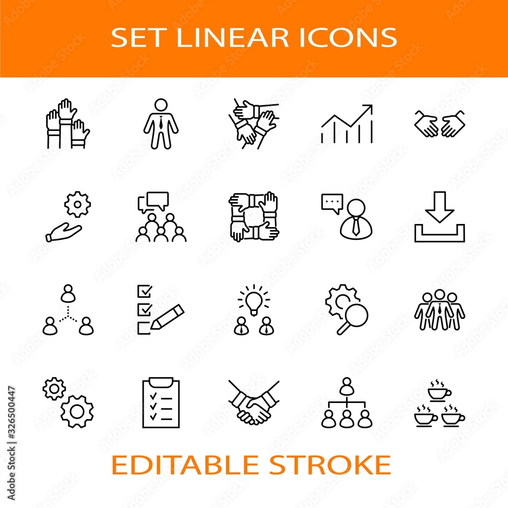 Set of Team Work Related Vector Line Icons. Contains such Icons as Handshake, Check, Idea, Coffee, Gears, Cooperation, Collaboration, Team Meeting and more. Editable Stroke. 32x32 Pixels Set of Team Work Related Vector Line Icons. Contains such Icons as Handshake, Check, Idea, Coffee, Gears, Cooperation, Collaboration, Team Meeting and more. Editable Stroke. 32x32 Pixels