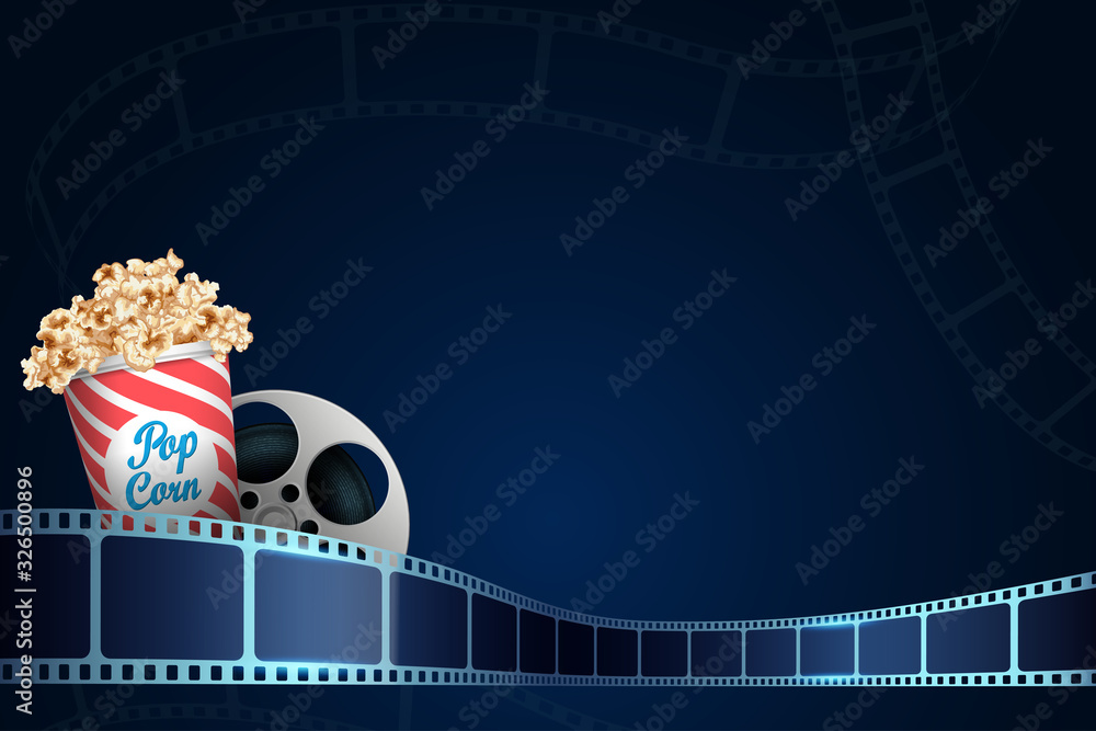 Film strip frame in wave form with popcorn box. Modern Cinema Background. Film template with space for your text. 3D design flyer or poster festival,banner, brochure, poster, presentation, show.Vector