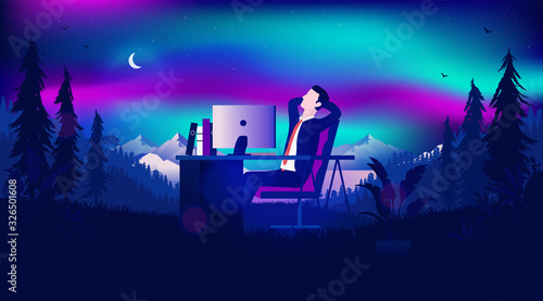 Daydreaming at work - Corporate businessman relaxing and dreaming of another place at his office desk. Daydreamer, relaxing and fantasising concept.