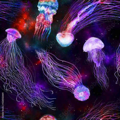 Pattern seamless jellyfishes Space colorful repeat texture wallpaper illustration Night galaxy mix with watercolor jelly fishes in bright style vivid blue purple violet isolated on dark background