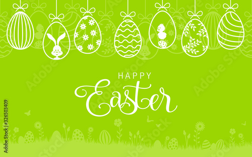 Happy easter card with easter bunny and hanging easter eggs background