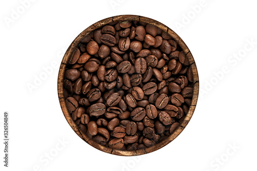 Roasted coffee beans in wooden container, isolated on white