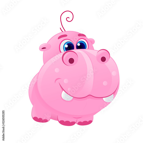 funny hippo vector icon, cartoon flat icon for baby illustration, mascot, african animal, pink hippo cub hippopotamus, hippo, sea cow, river-horse