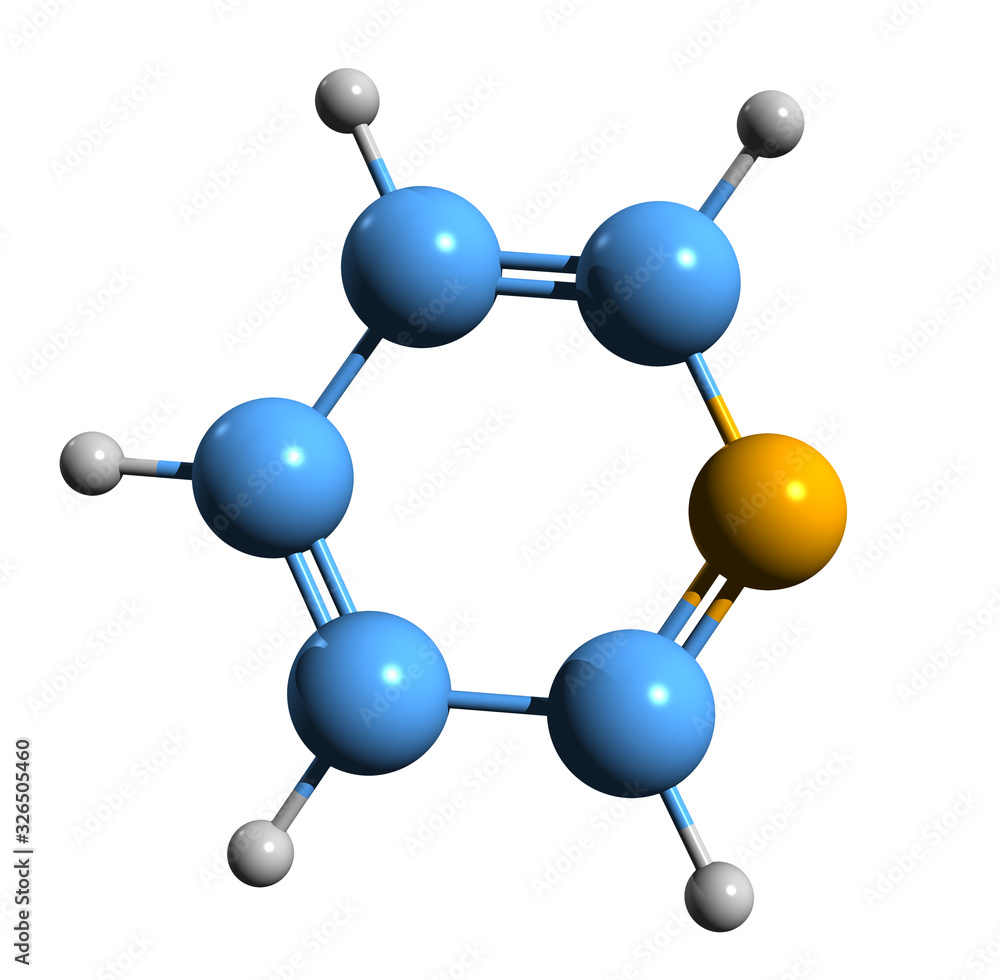 3D image of pyridine skeletal formula - molecular chemical structure of azabenzene isolated on white background 3D image of pyridine skeletal formula - molecular chemical structure of azabenzene isolated on white background