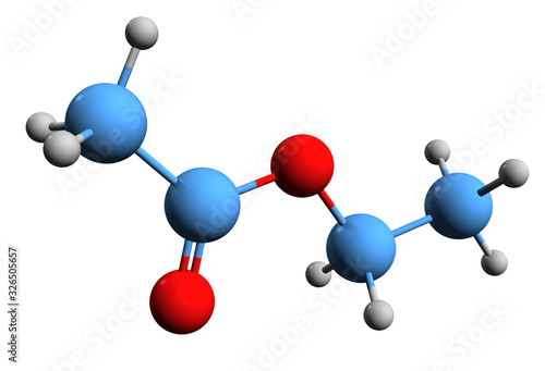 3D image of ethyl acetate skeletal formula - molecular chemical structure of ethyl ethanoate isolated on white background photo