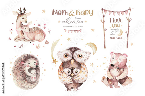 Fototapeta Naklejka Na Ścianę i Meble -  Watercolor little owl, bear deer and hedgehog baby and mother watercolour cartoon nursery card. Forest funny young animals illustration. Mom and baby decor poster