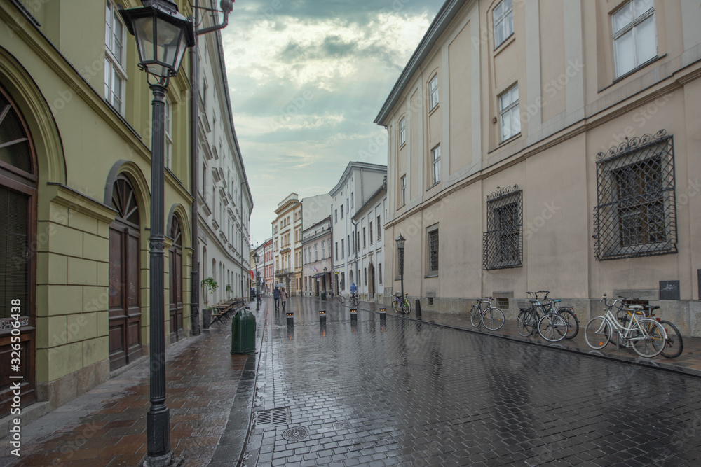 A street in Kraków after a rain shower