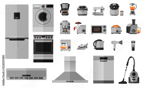 Set of 22 flat icons of household items for commercial use, online store. Refrigerator, electric stove, dishwasher, coffee maker, blender, mixer and so on
