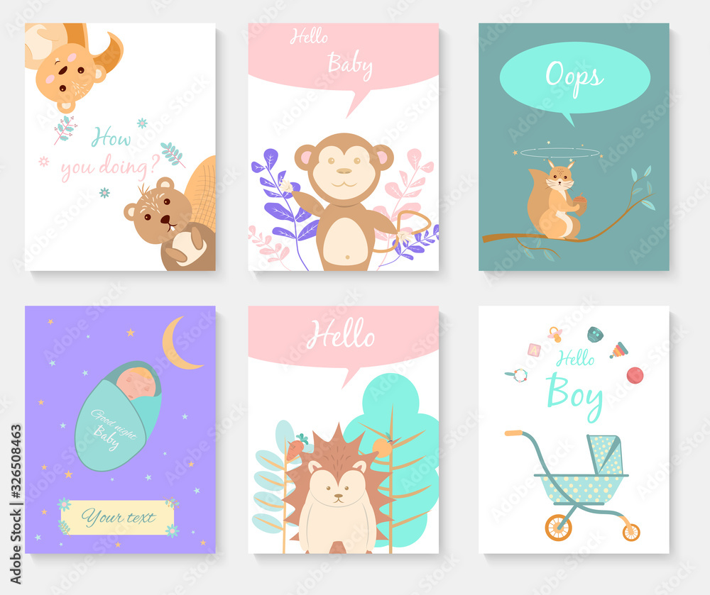 Set of invitations to baby shower, greeting card, gmonkey, beaver, gopher, baby, hedgehog, stroller and squirrel. Vector illustration