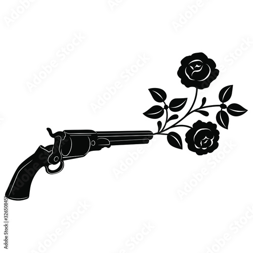 Isolated vector illustration. Vintage revolver shooting with rose branch. Black and white silhouette. Romantic concept for love and passion.