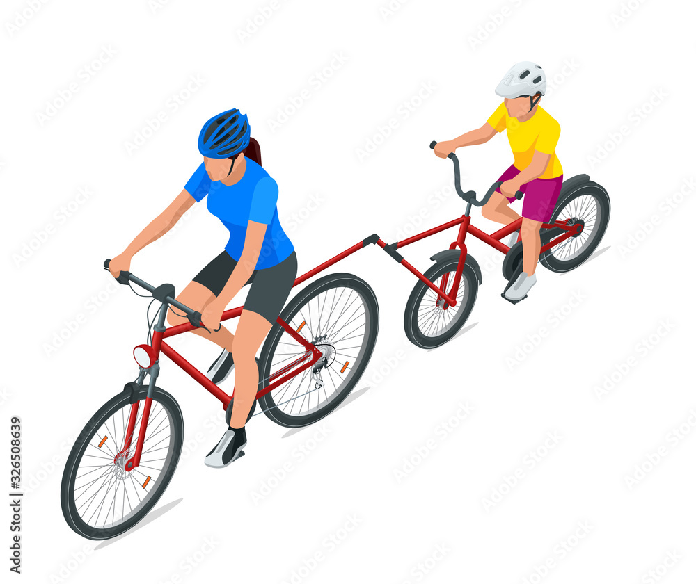 Trailer cycle or Bicycle attachment. Co-pilot bicycle mother and young son bicycling together on a tandem bike in the summer. Front view Trailer cycle or Bicycle attachment. Co-pilot bicycle mother and young son bicycling together on a tandem bike in the summer. Front view