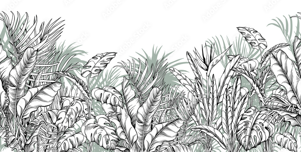 Seamless border with tropical palm, banana and monstera leaves. - obrazy, fototapety, plakaty 