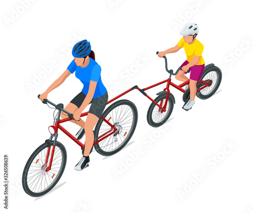 Trailer cycle or Bicycle attachment. Co-pilot bicycle mother and young son bicycling together on a tandem bike in the summer. Front view