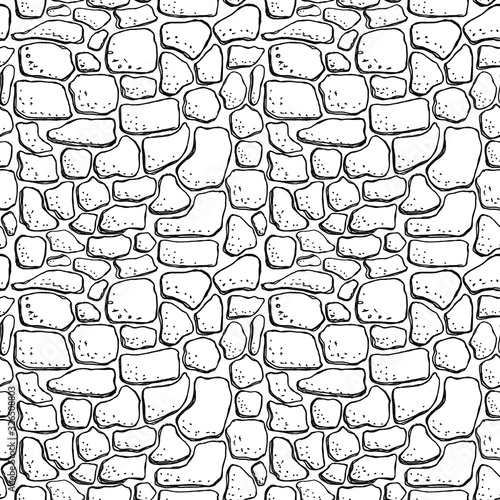 Seamless stonework pattern/ Black and white stone wall texture/ Cobblestone pavement background/ Hand drawn vector illustration