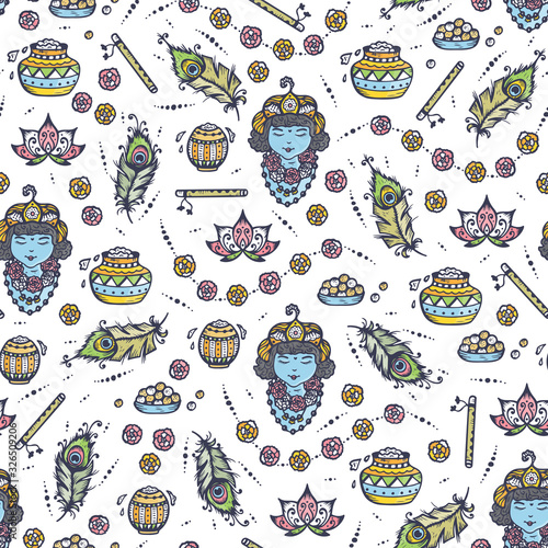 Vector Seamless pattern for Indian fest Shri Krishna Janmashthami. Background with Indian Holiday Symbols: Pots of Yoghurt, Baby Krishna portrait, Peacock Feathers, Flute, Flowers