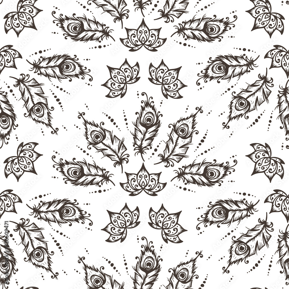Hand Drawn doodle Peacock Feathers and the Lotus Flowers Seamless Pattern Hand Drawn doodle Peacock Feathers and the Lotus Flowers Seamless Pattern